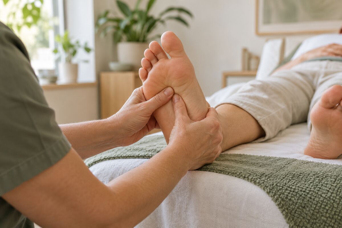 Reflexology practitioner applying gentle pressure to a client’s foot