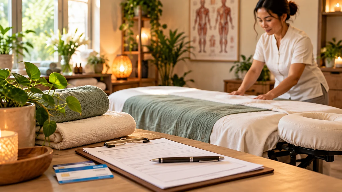 Welcoming massage therapy treatment room with intake form and insurance information ready for a first visit