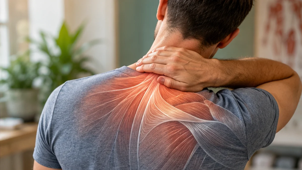 Man holding his neck and shoulder with highlighted upper back muscles showing areas of muscle tightness