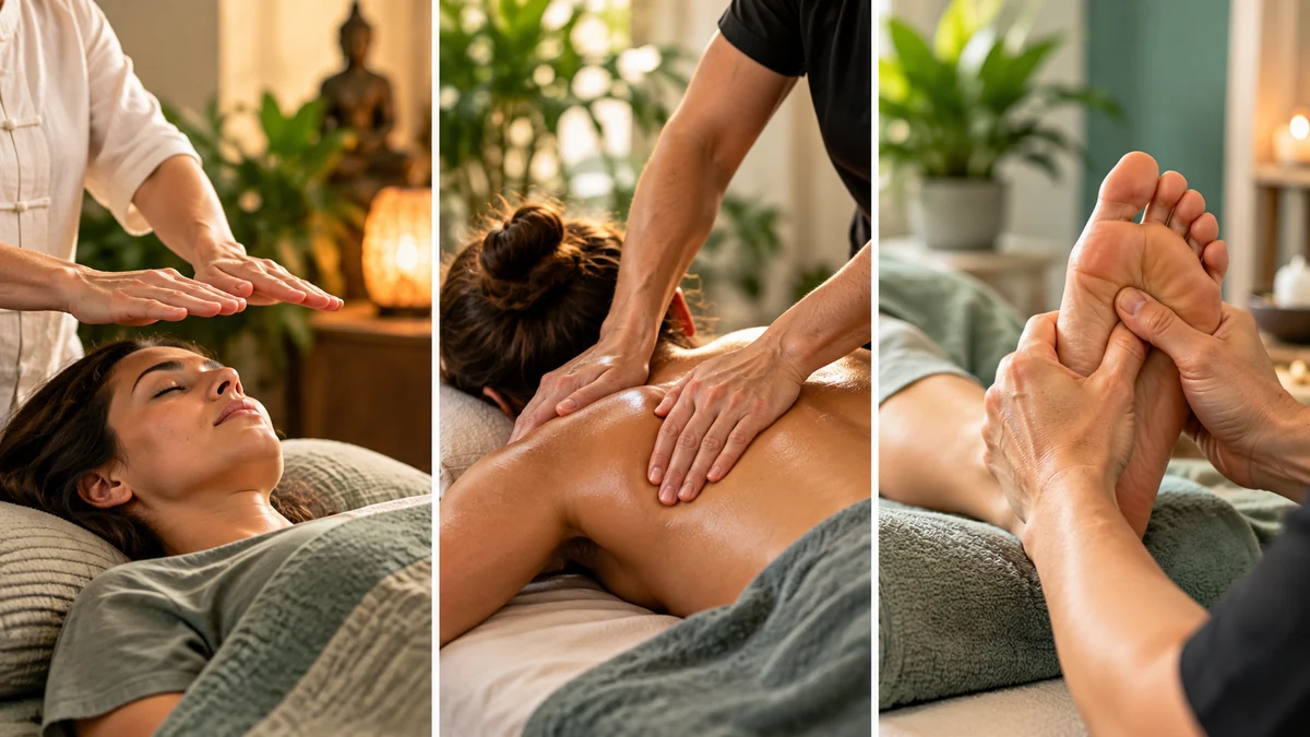 Reiki, massage therapy and foot reflexology shown as three complementary wellness treatments