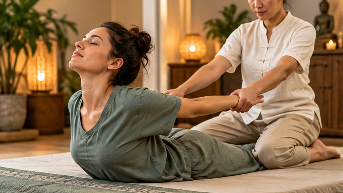 Therapist performing assisted stretching during a therapeutic Thai massage session