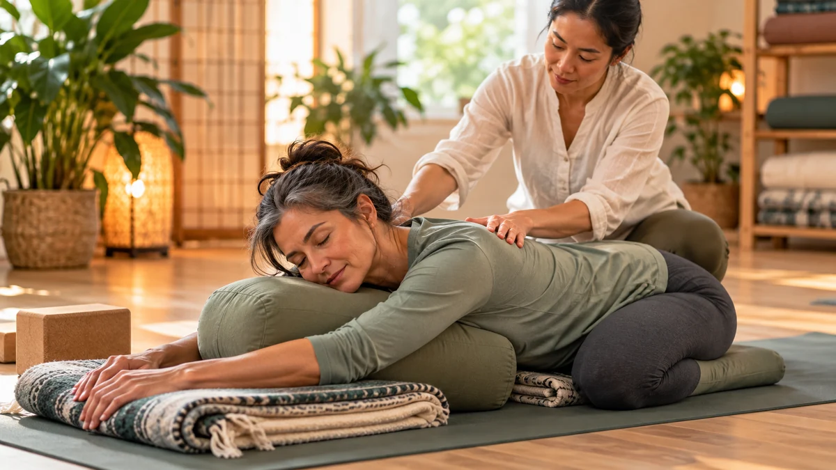 Woman practicing supported restorative yoga with guidance from a yoga therapist for pain and stress support